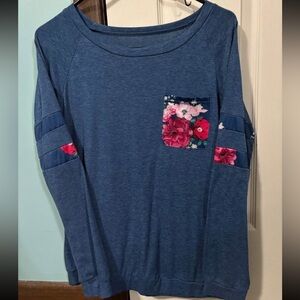 Blue Long Sleeve Top with Floral Accents